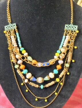 Plunder Layered Statement Necklace Colorful Beaded Boho Gold Tone 18 In. + 2 In.